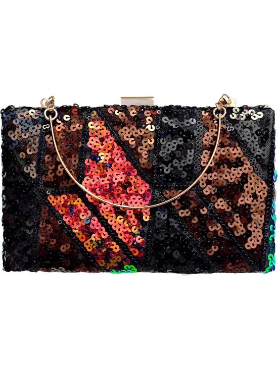 Handbags - Womens Black Iridescent Sparkly Sequin Top Handle Clutch Purse Evening Handbag
